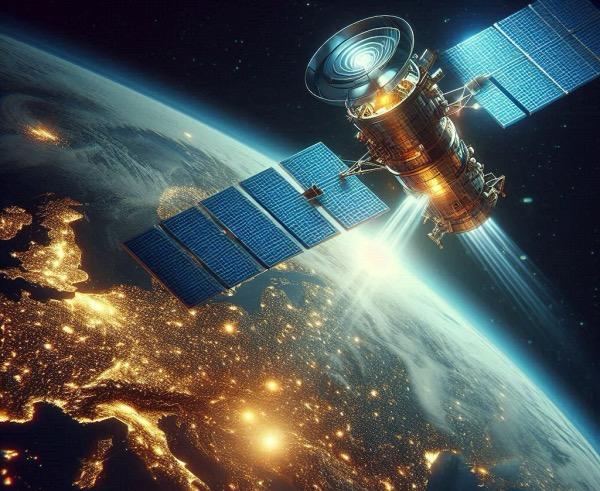 Зображення супутника на орбіті Землі, що передає сигнали, з підсвіченими містами на планеті, символізуючи глобальну зв'язок і новини транспондерів.