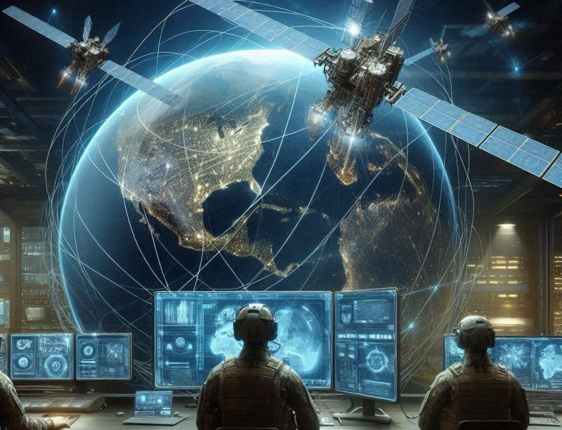 Ilustración para el artículo "La búsqueda del ejército estadounidense de una internet satelital sin fisuras: desafíos y progresos"
