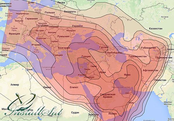 Coverage map of the ABS 2 television satellite. Beam (ABS-2) MENA