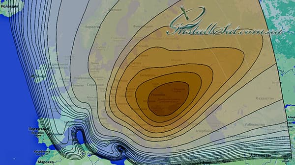 Coverage map of the Amos-2/3/7 television satellite. Beam (Amos-3) Европейский