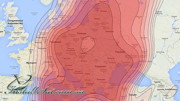 Coverage map of the Astra 5B television satellite. Beam Западный (1G)