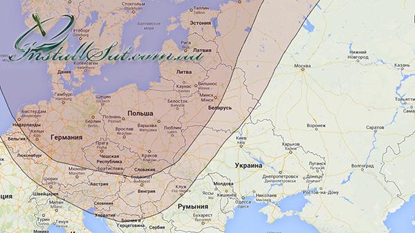 Abdeckungskarte des Fernsehsatelliten Astra 4A (Sirius). Strahl (BSS) Северный