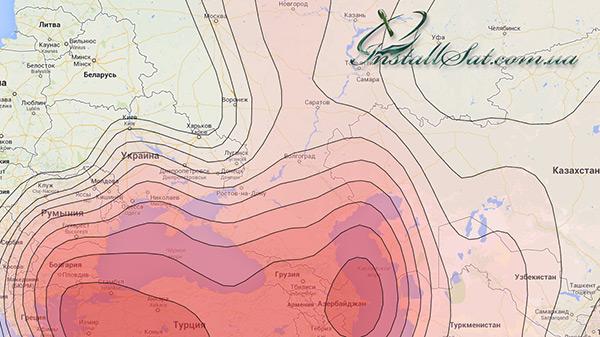 Coverage map of the AzerSpace 1 television satellite. Beam Азиатский