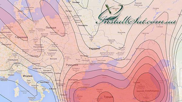 Coverage map of the AzerSpace 1 television satellite. Beam Европейский