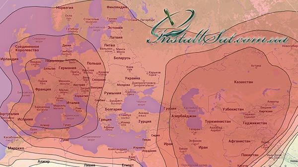 Coverage map of the Eutelsat 36B/36C (AMU1) television satellite. Beam (36B) Евразийский