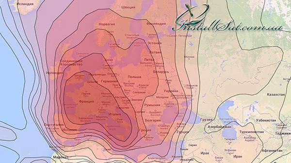 Coverage map of the Hot Bird-6/8/9 television satellite. Beam (HB-13D) Широкий