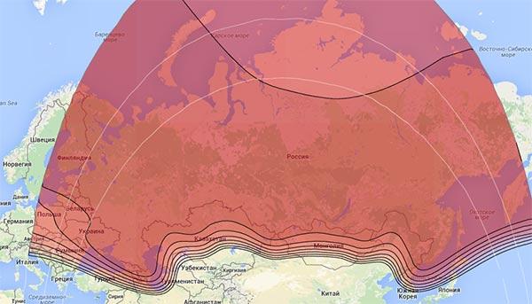 Coverage map of the Ямал 401 television satellite. Beam (401) Российский