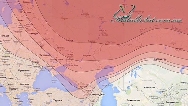 Coverage map of the Ямал 402 television satellite. Beam Северный