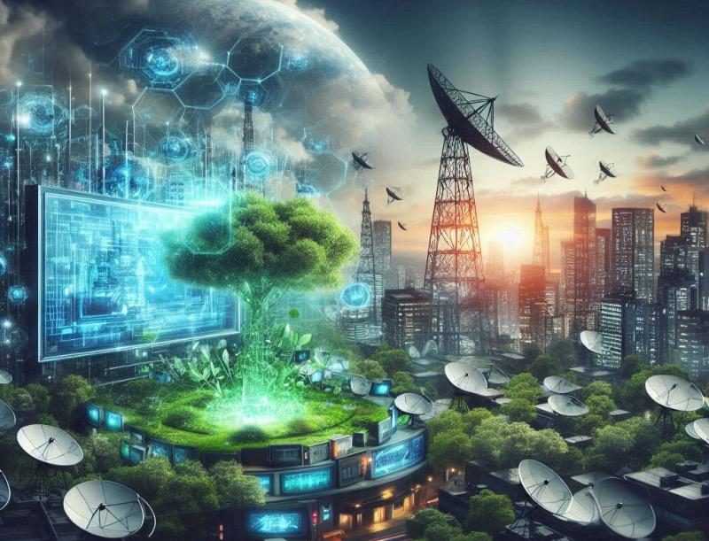 Ilustración para el artículo "Las emisoras se enfrentan a la compleja intersección entre el avance tecnológico y la sostenibilidad medioambiental"